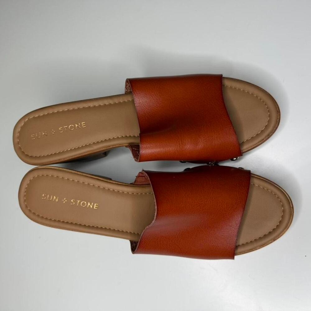 Sun + Stone Brown Platform Mule Clogs Sz 10 Boho Festival Wooden Heel Slides - Picture 6 of 7